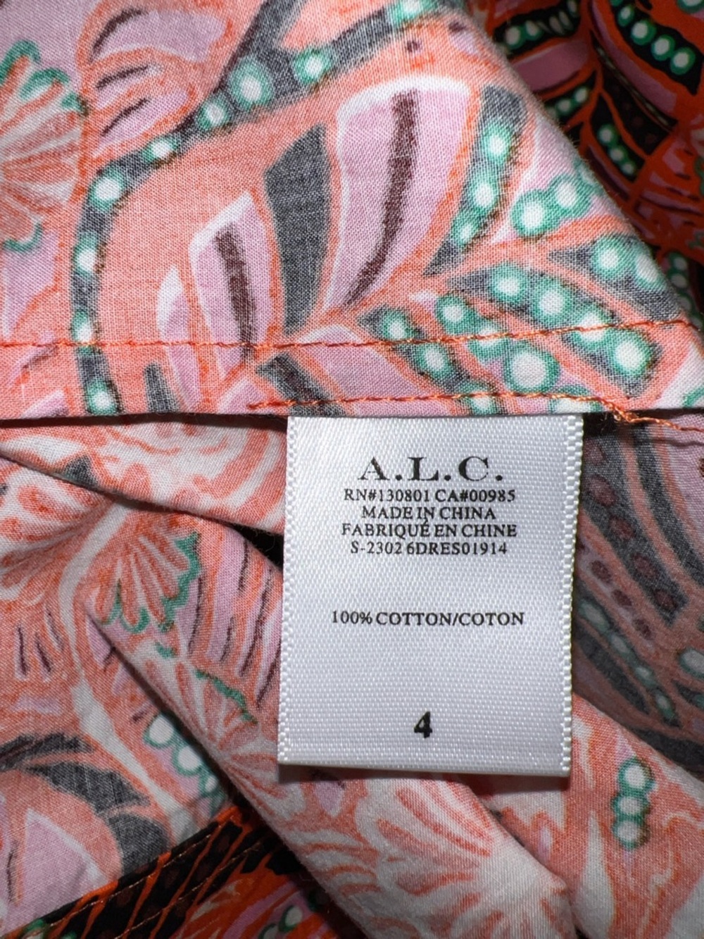 A.L.C. Alice dress orange-Pink Print V-Neck Drawstring Mini Dress size 4 - Picture 10 of 11